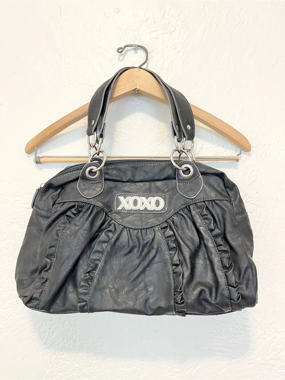 Vintage 90s Y2K Handbag Bag Black Faux Leather Hobo Ruffle XOXO